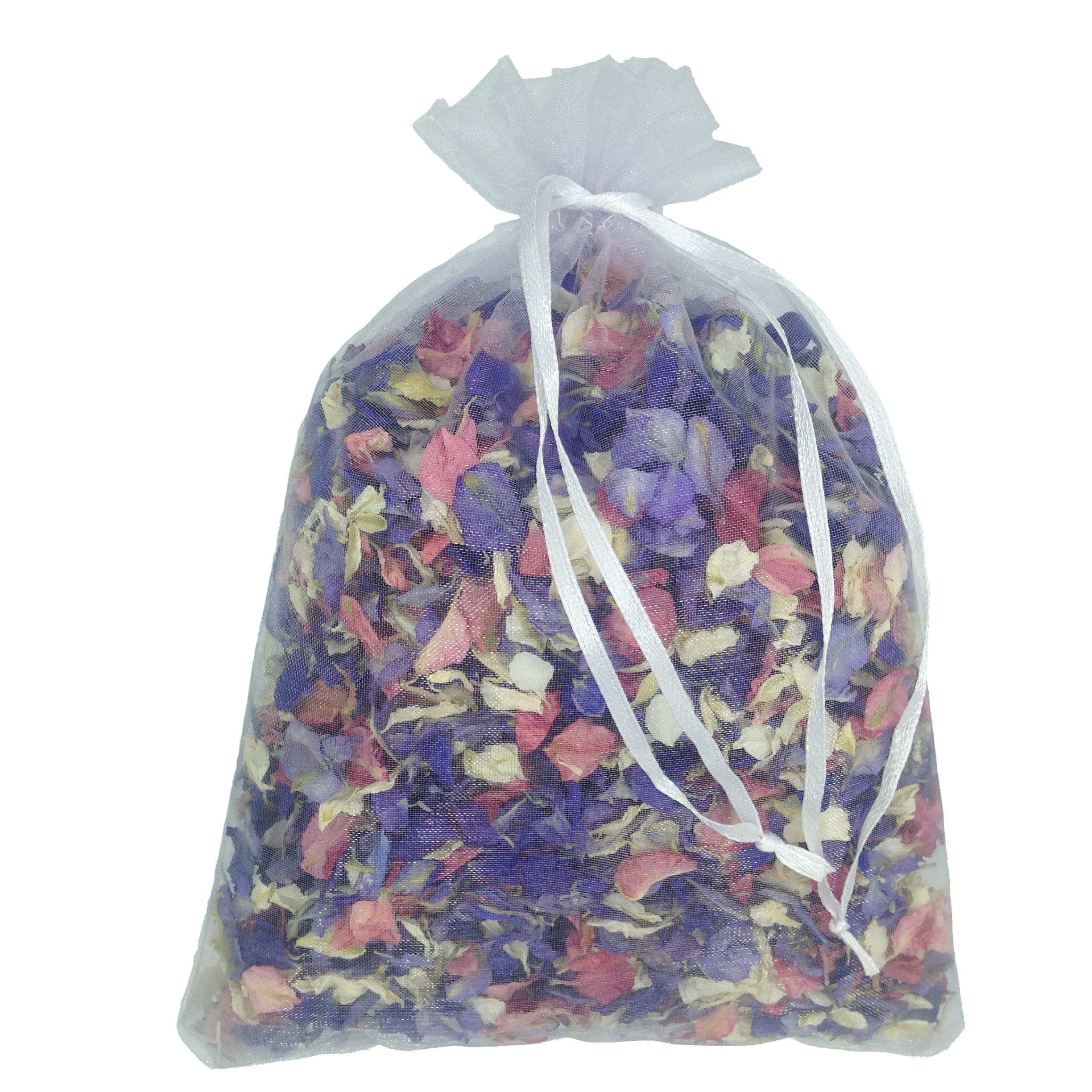 Mixed colours dried delphinium petals wedding confetti in organza bag
